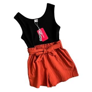 New PATPAT Cotton Ribbed Solid Spliced Tank Romper Black Rust Sz 7-8Y